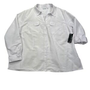 Kim Rogers Button Down Shirt Womens 2X White Roll Tab Sleeve Curvy Utiity Slinky